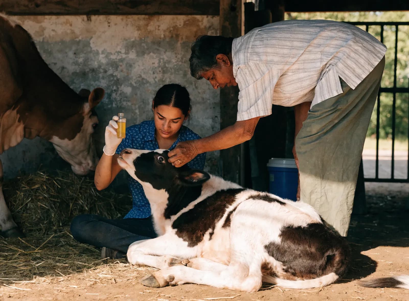 A veterinarian treating a calf at the gaushala