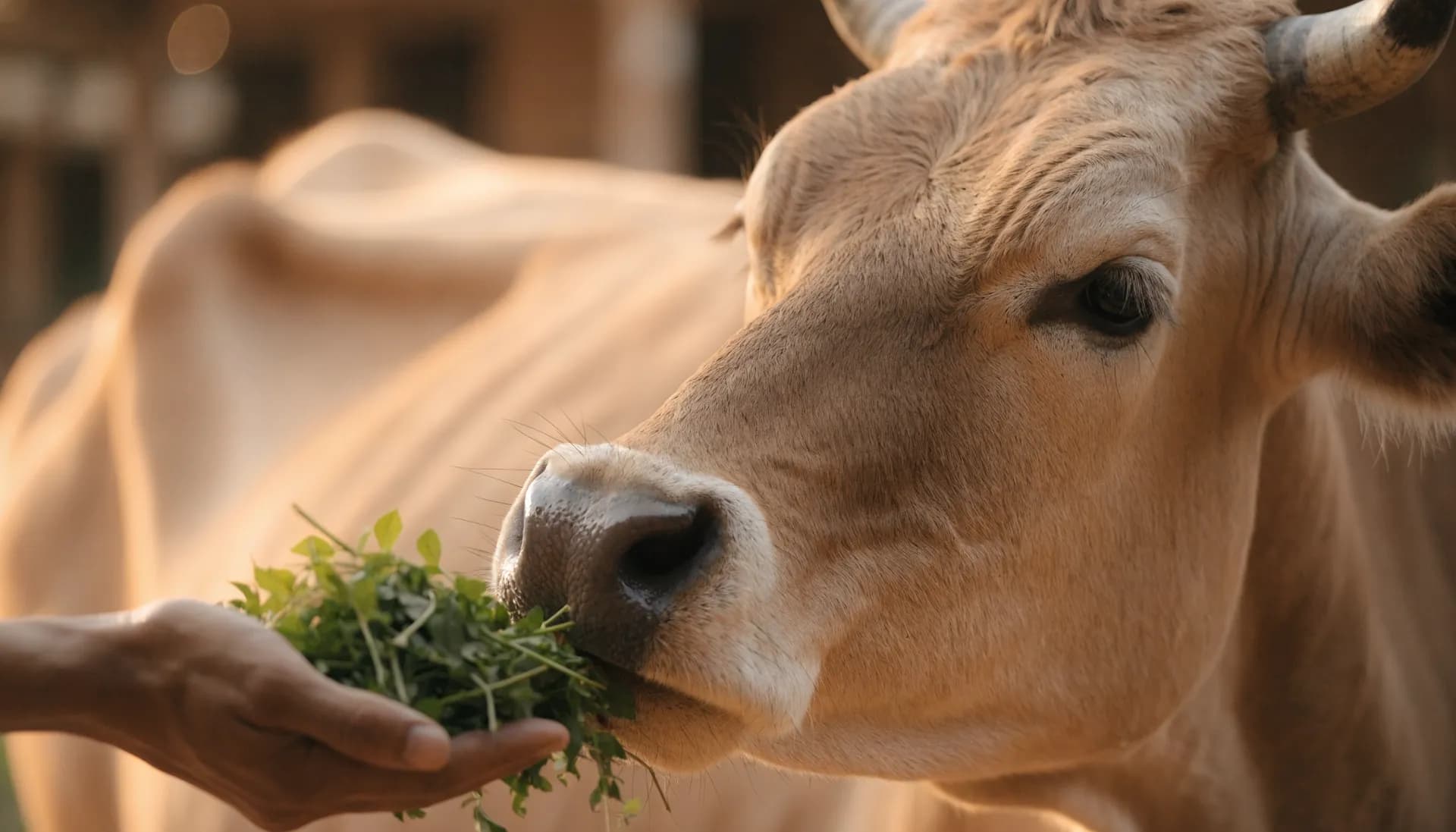 A cow being hand-fed fresh fodder by a caretaker
