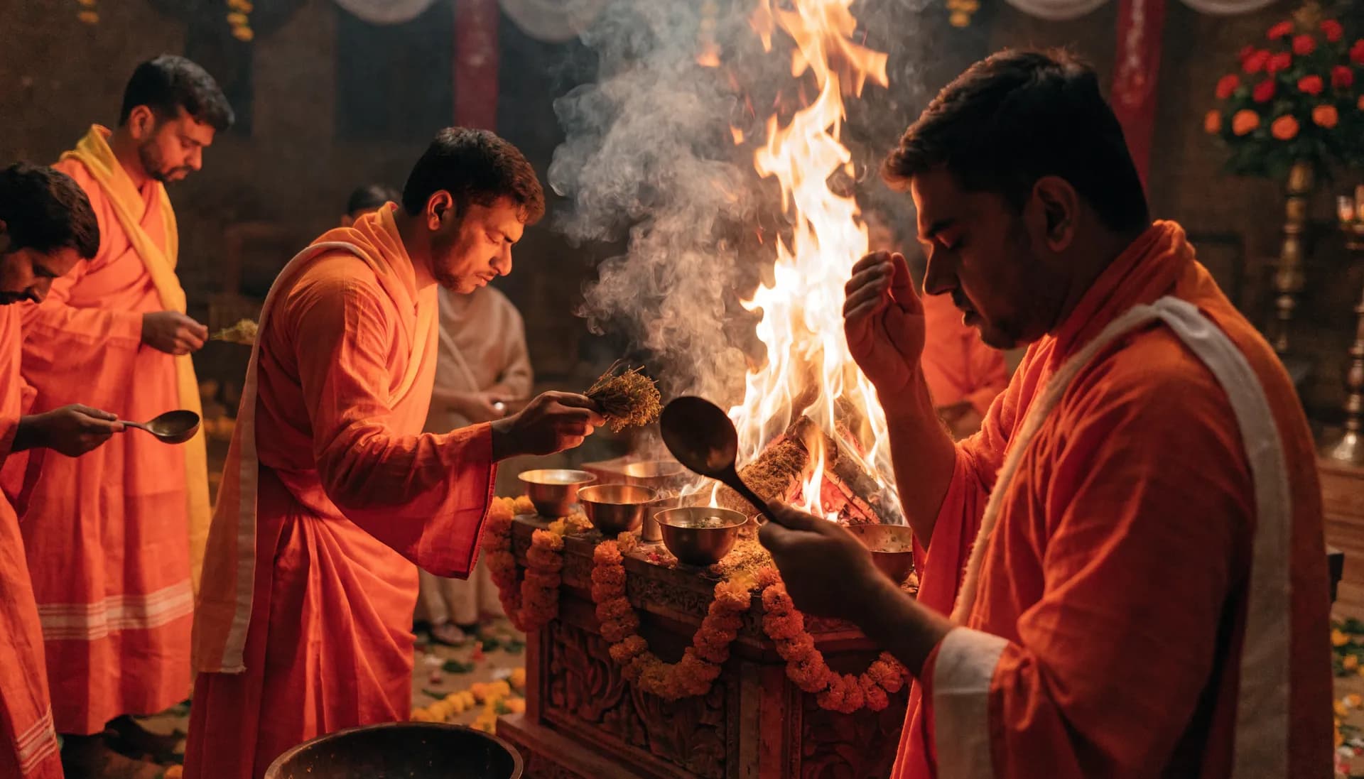 A sacred fire ceremony with flames rising from the havan kund